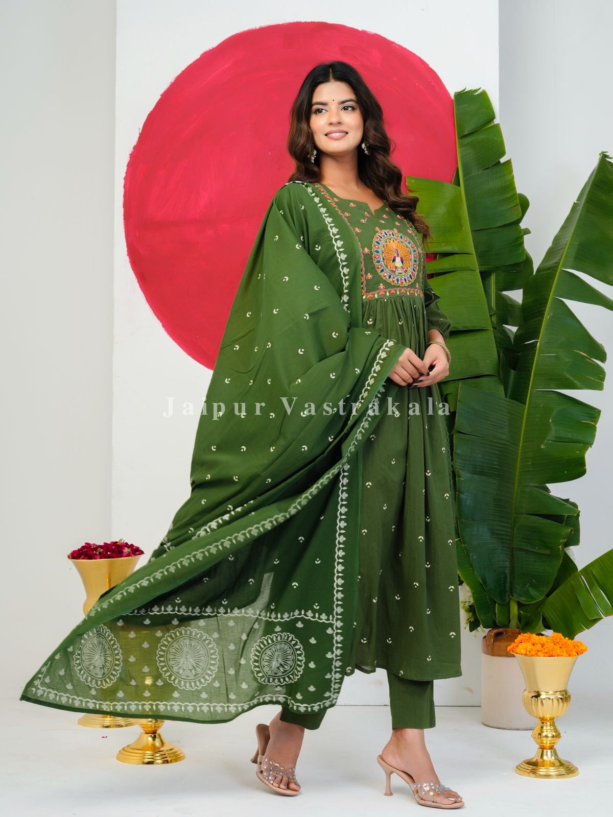 Green Peacock Shimmer Embroidery Anarkali Suit