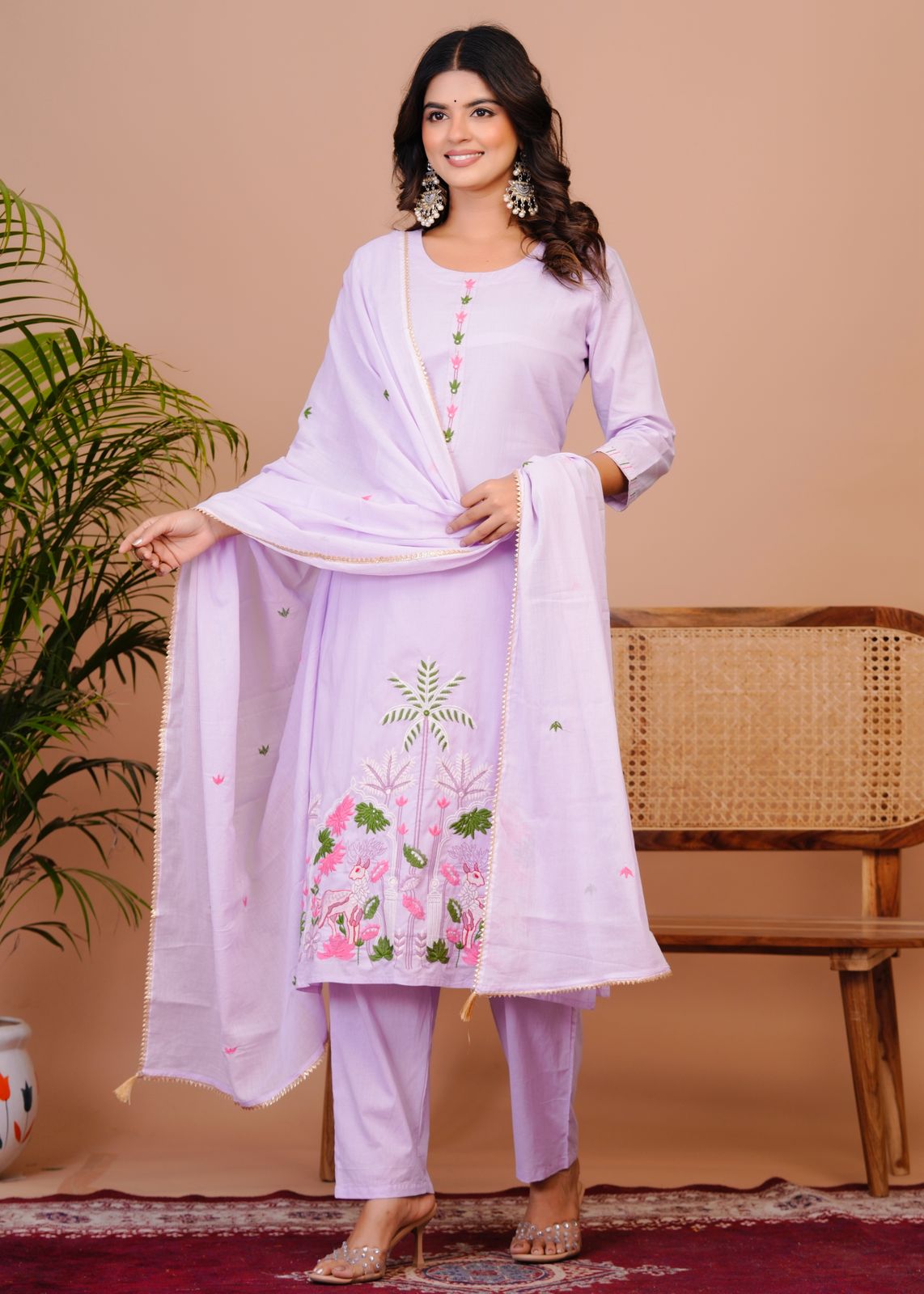 Lavender Nature Embroidery Kota Dupatta Suit