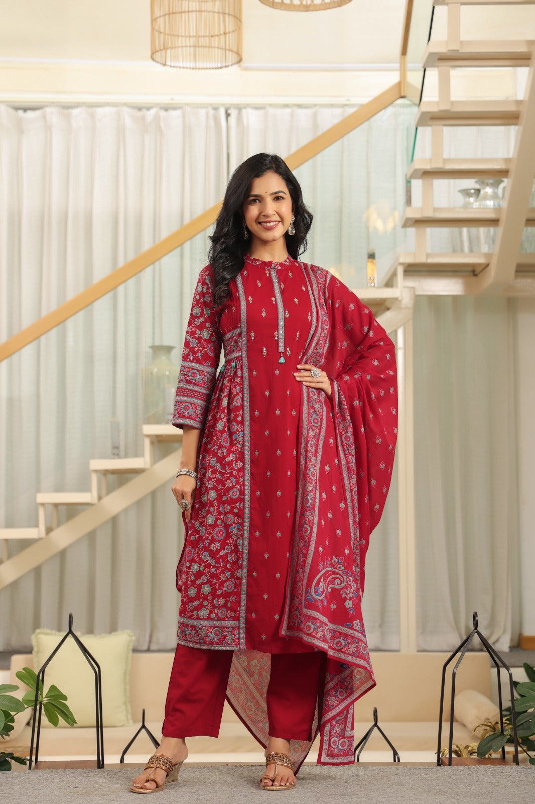 Red Motifs Panel Cotton Dupatta Suit