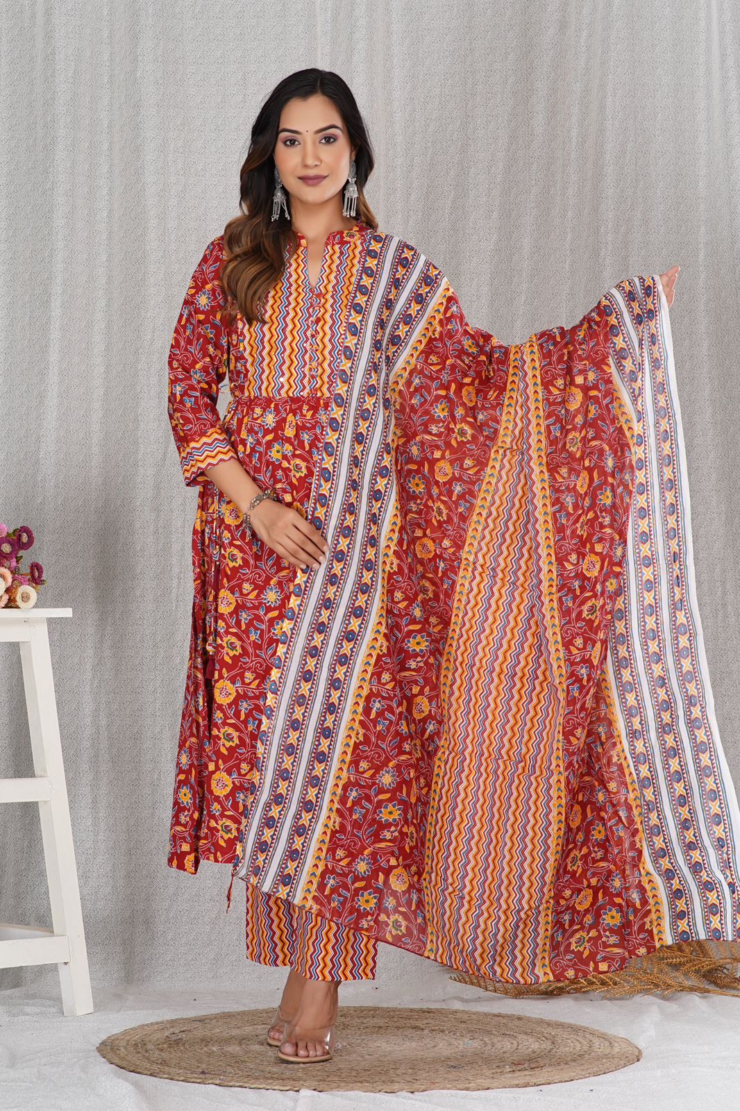 Rustic Floral Elegance A-line Cotton Embroidery Suit