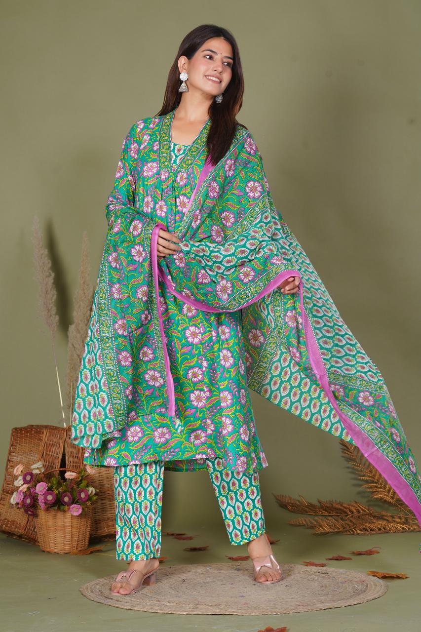 hand block printed kurta set with dupatta