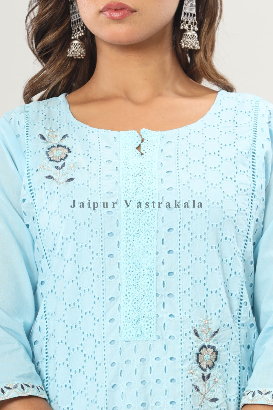 Sky Blue Schiffli Embroidery Cotton Suit