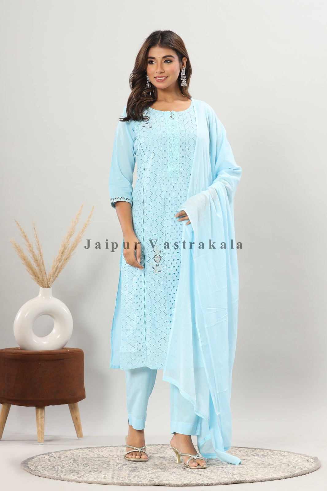 Sky Blue Schiffli Embroidery Cotton Suit