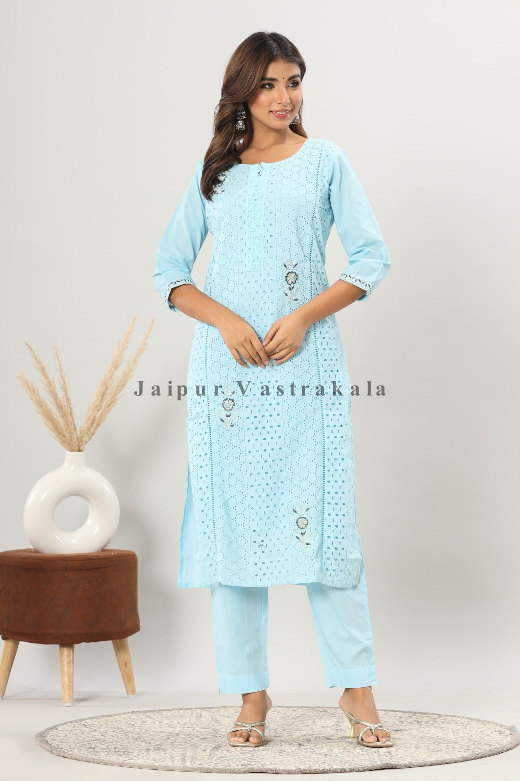 Sky Blue Schiffli Embroidery Cotton Suit