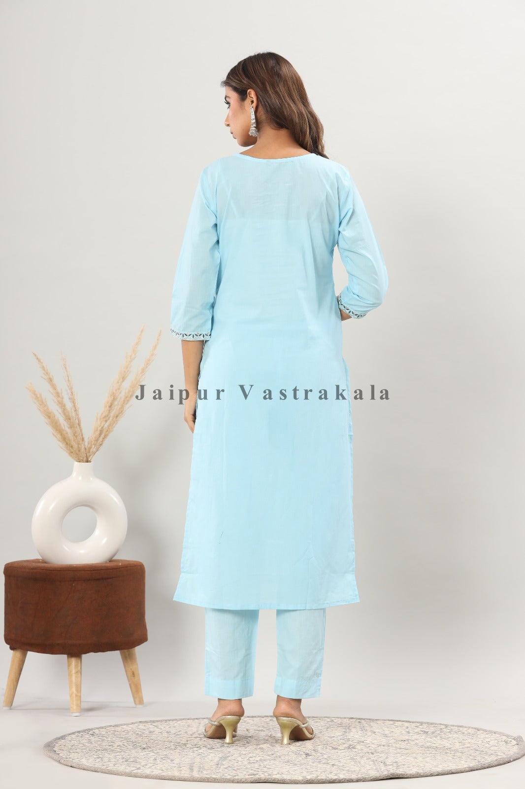 Sky Blue Schiffli Embroidery Cotton Suit