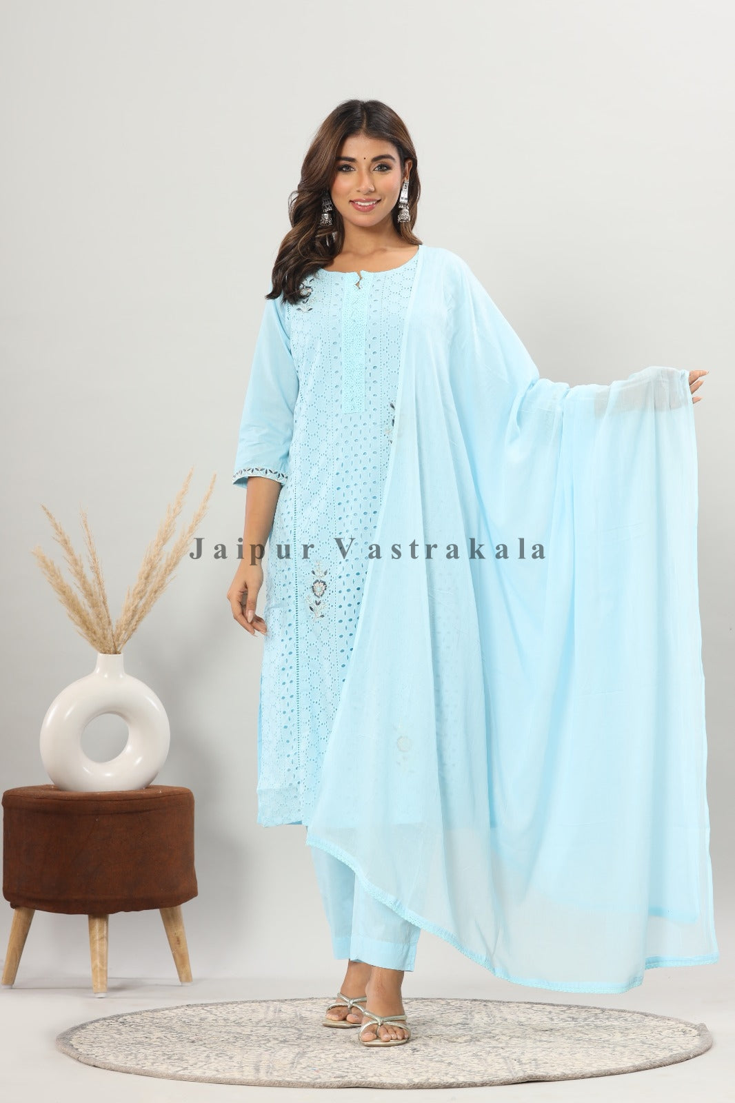 Sky Blue Schiffli Embroidery Cotton Suit