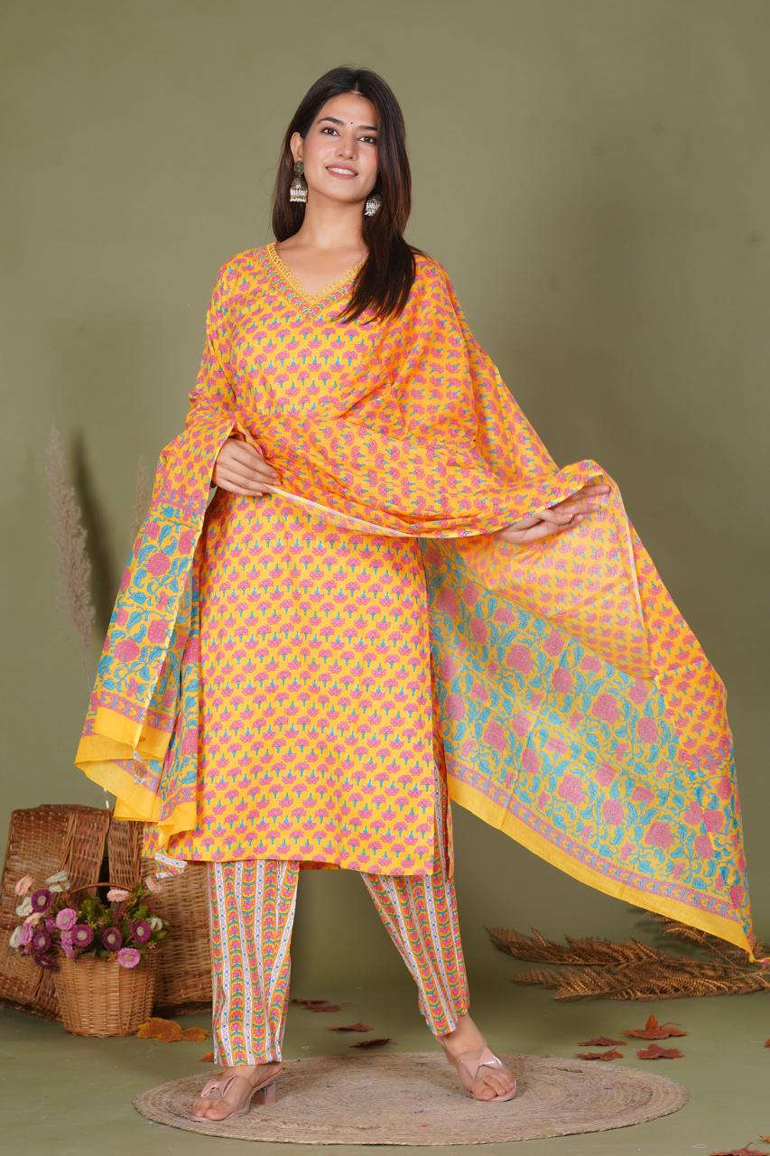 hand block printed kurta set with dupatta