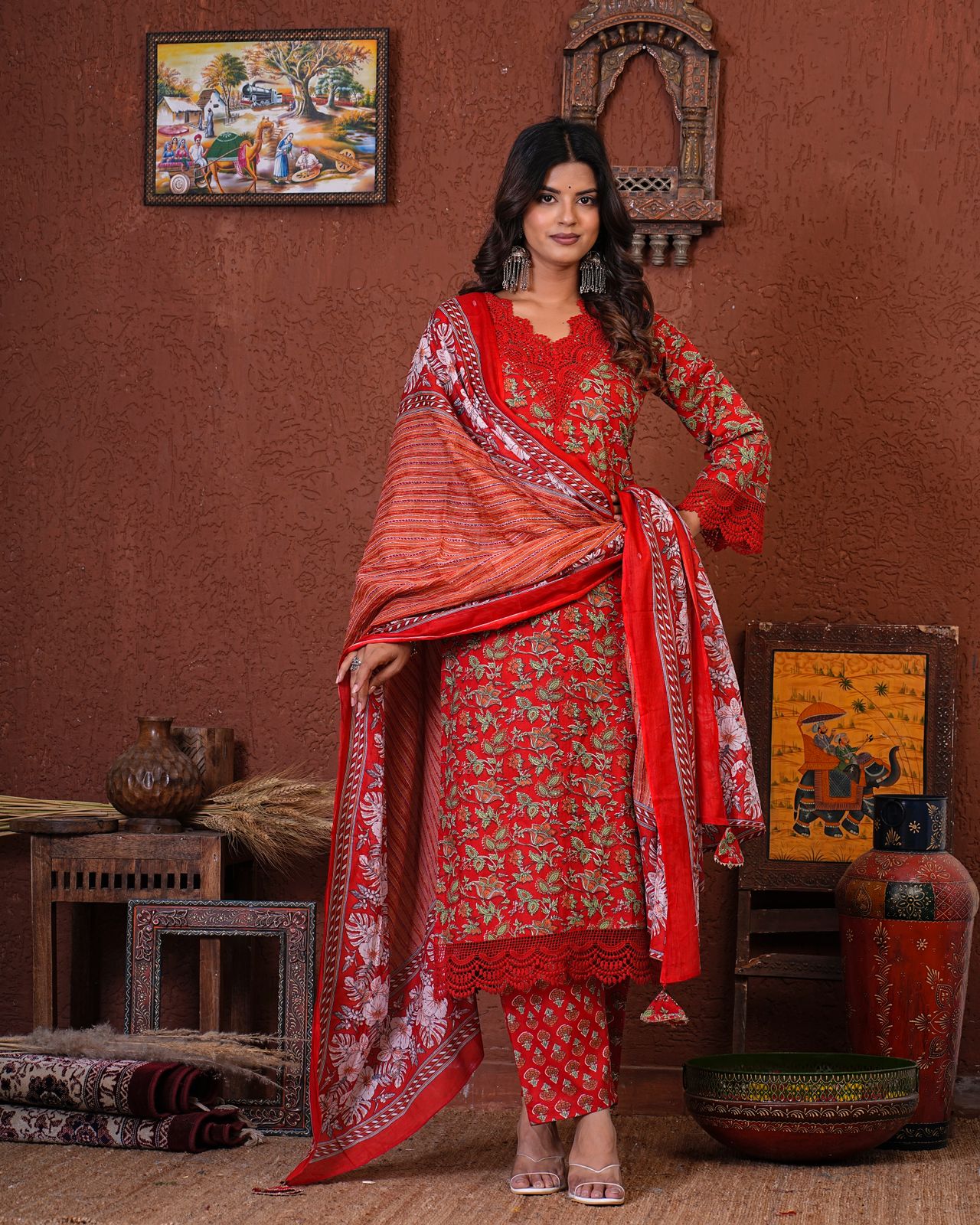 Scarlet Red Blossom Cotton Dupatta Suit