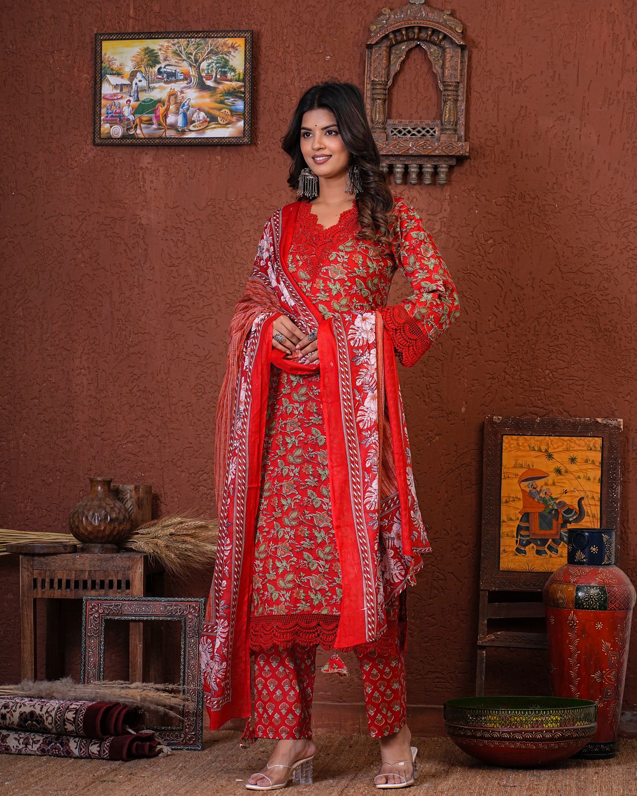 Scarlet Red Blossom Cotton Dupatta Suit