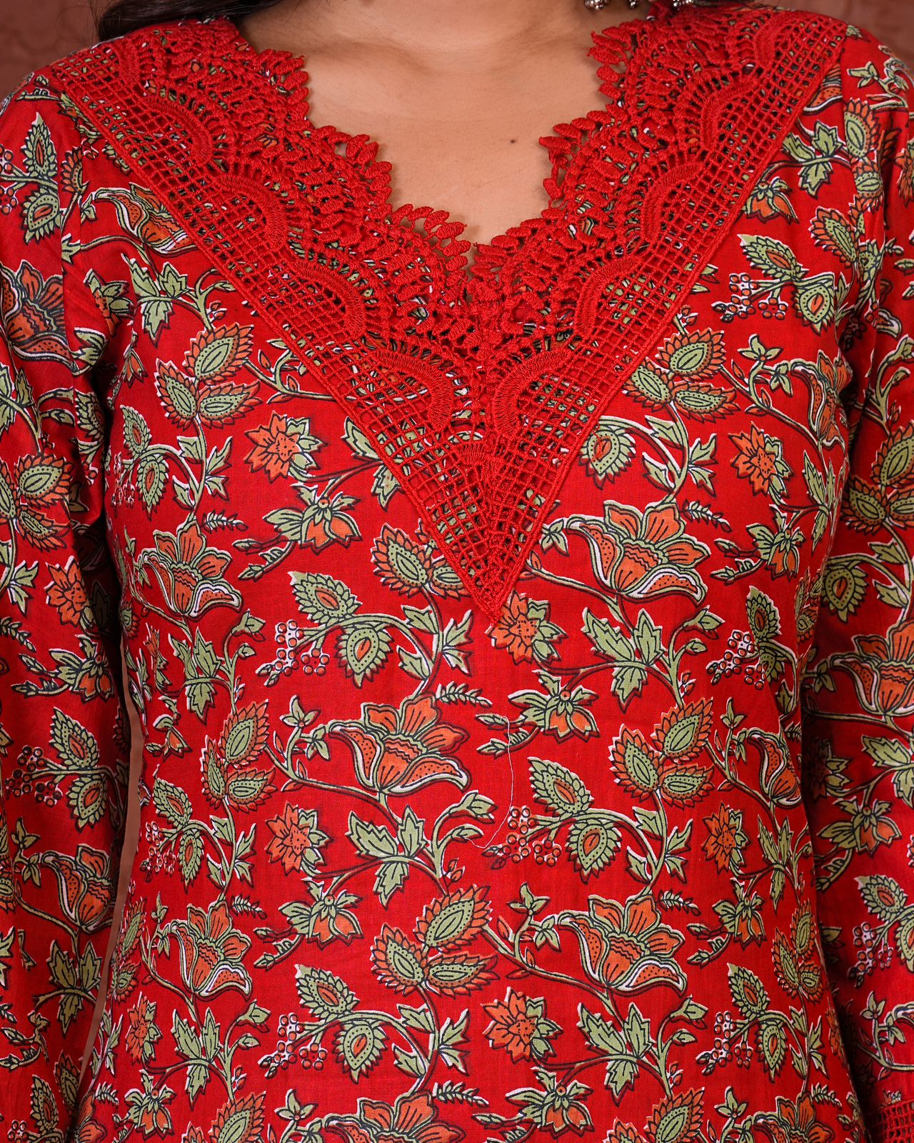 Scarlet Red Blossom Cotton Dupatta Suit