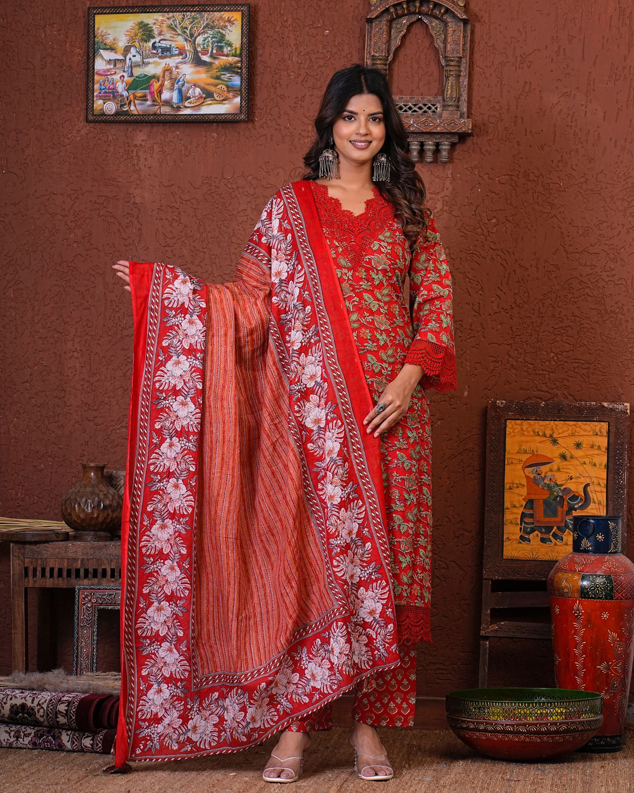Scarlet Red Blossom Cotton Dupatta Suit