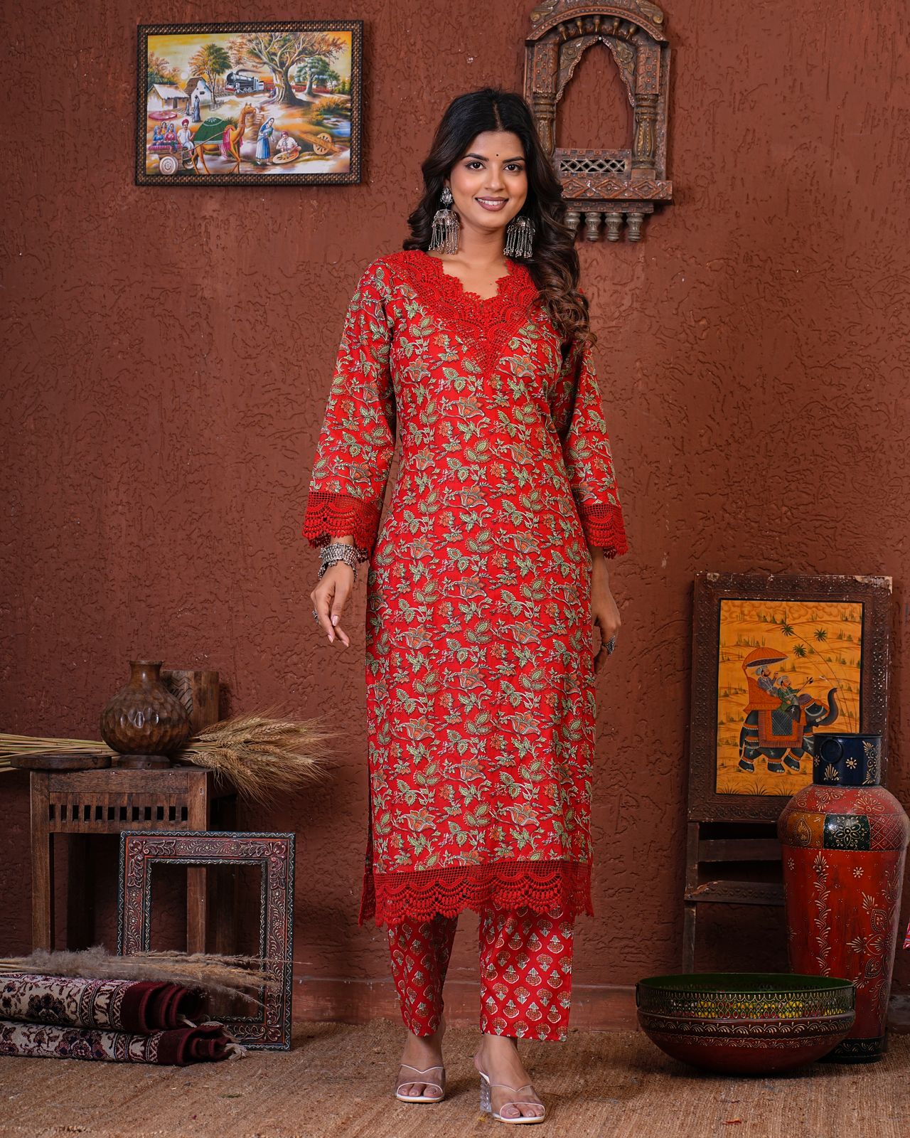 Scarlet Red Blossom Cotton Dupatta Suit