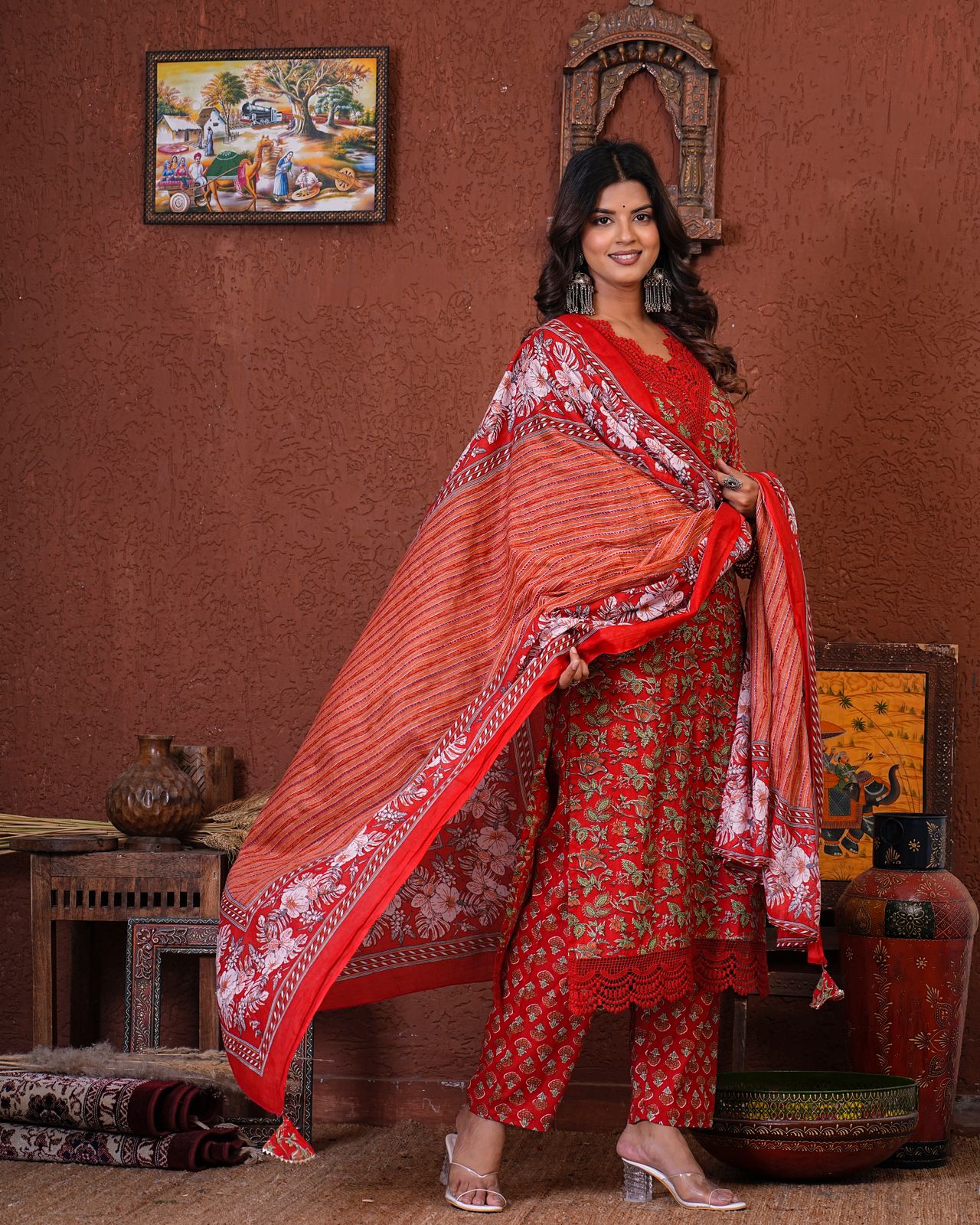 Scarlet Red Blossom Cotton Dupatta Suit