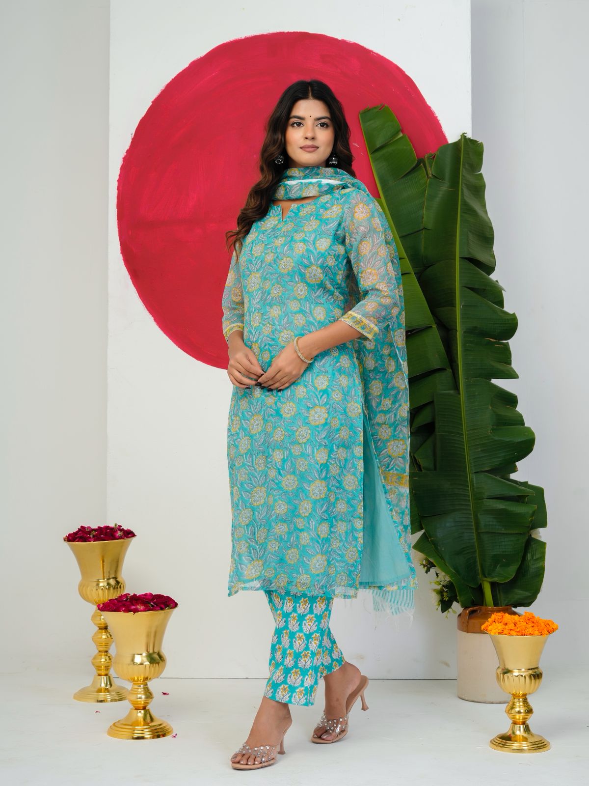 Coral Green Kota Doriya Suit