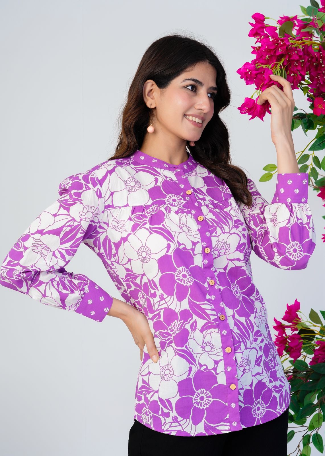 Purple Blooms Cotton Fusion Shirt