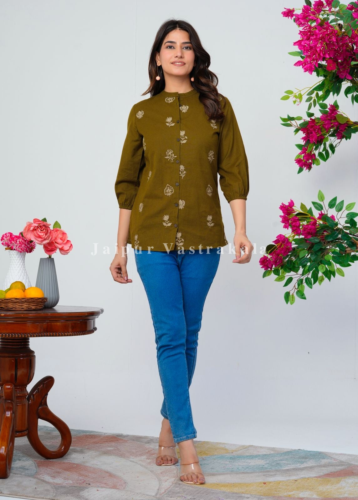 Olive Green Motifs Embroidery Cotton Linen Top
