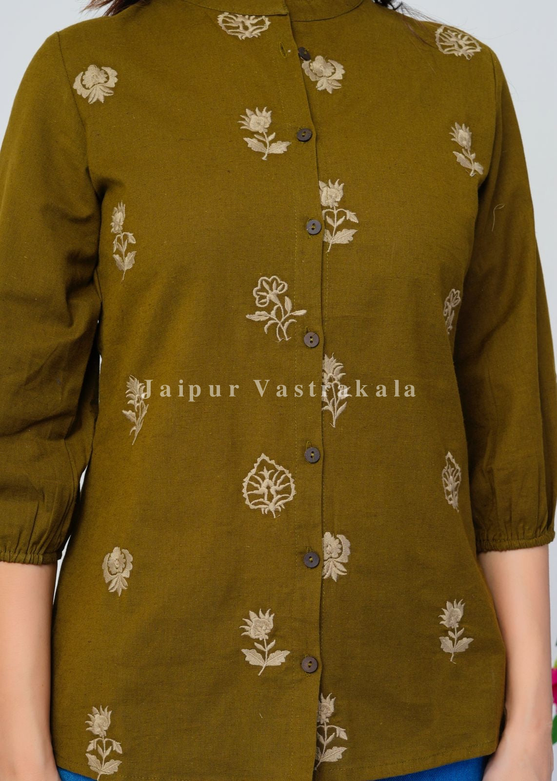 Olive Green Motifs Embroidery Cotton Linen Top