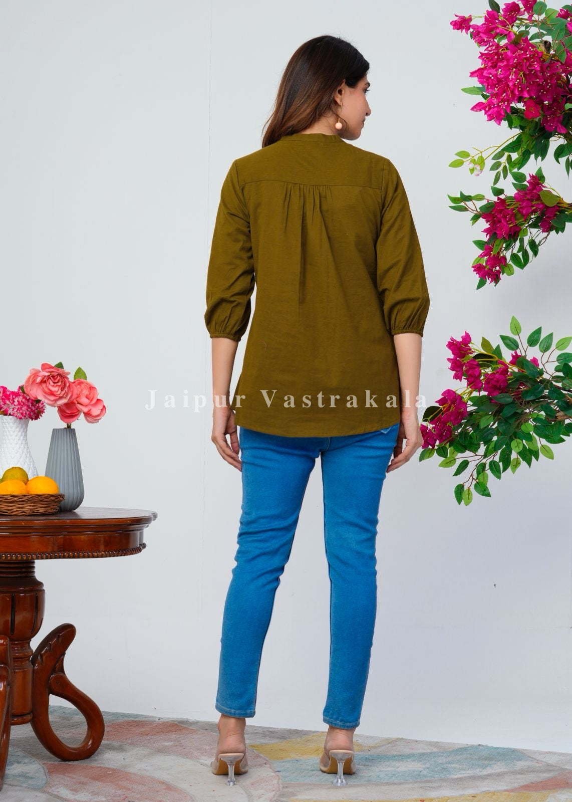 Olive Green Motifs Embroidery Cotton Linen Top