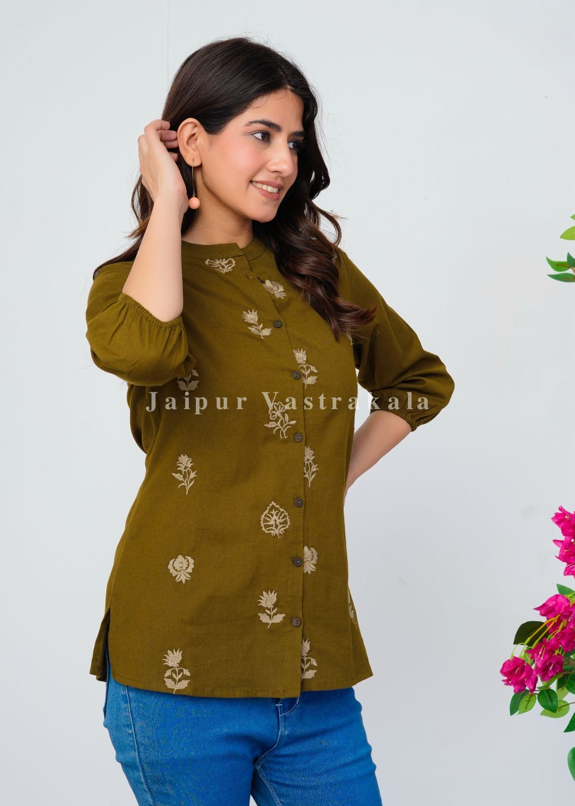 Olive Green Motifs Embroidery Cotton Linen Top
