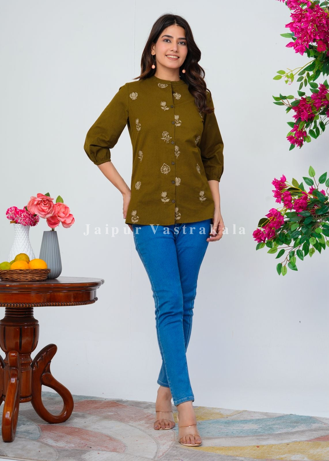 Olive Green Motifs Embroidery Cotton Linen Top