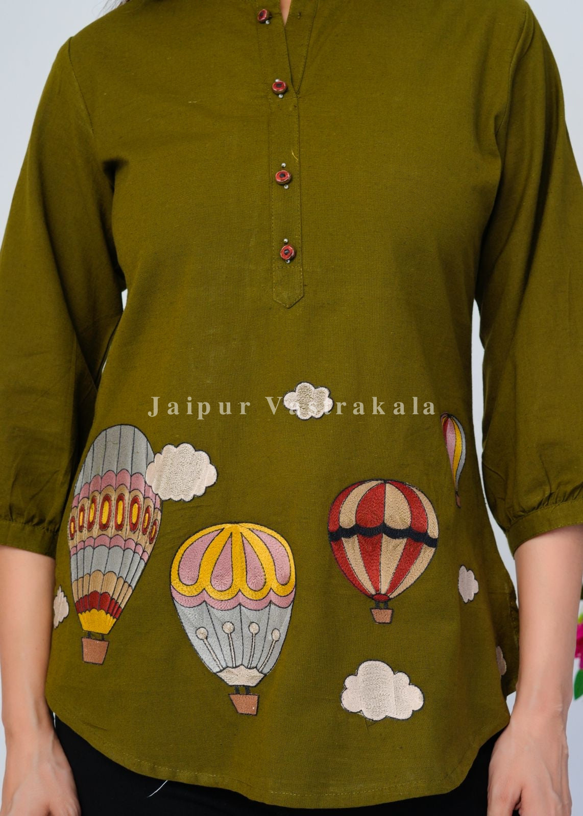 Green Hot Balloon Embroidery Cotton Linen Top