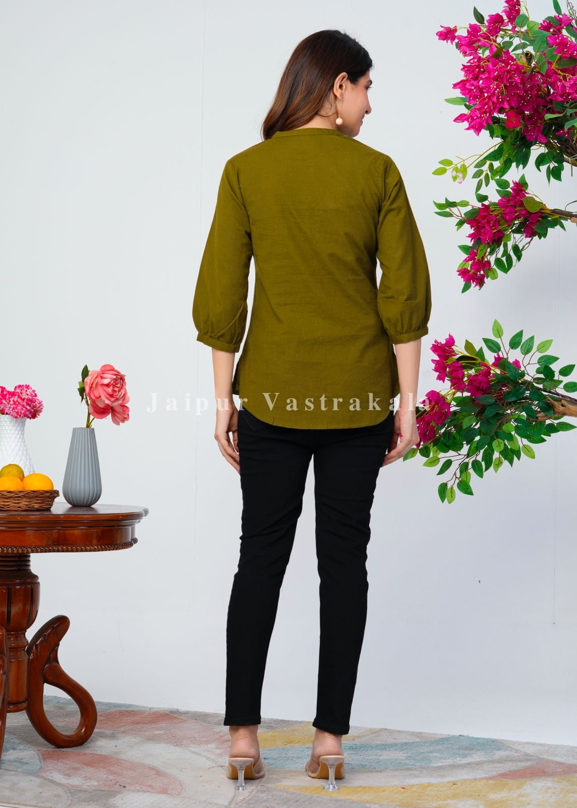 Green Hot Balloon Embroidery Cotton Linen Top