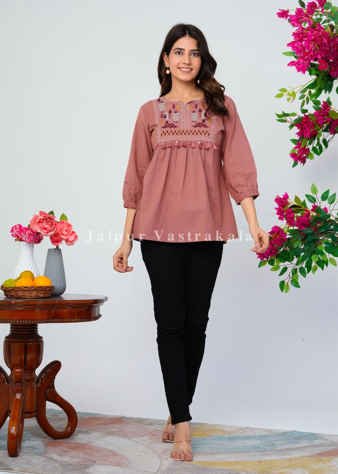 Peach Terracotta Tassel Embroidery Cotton Linen Top