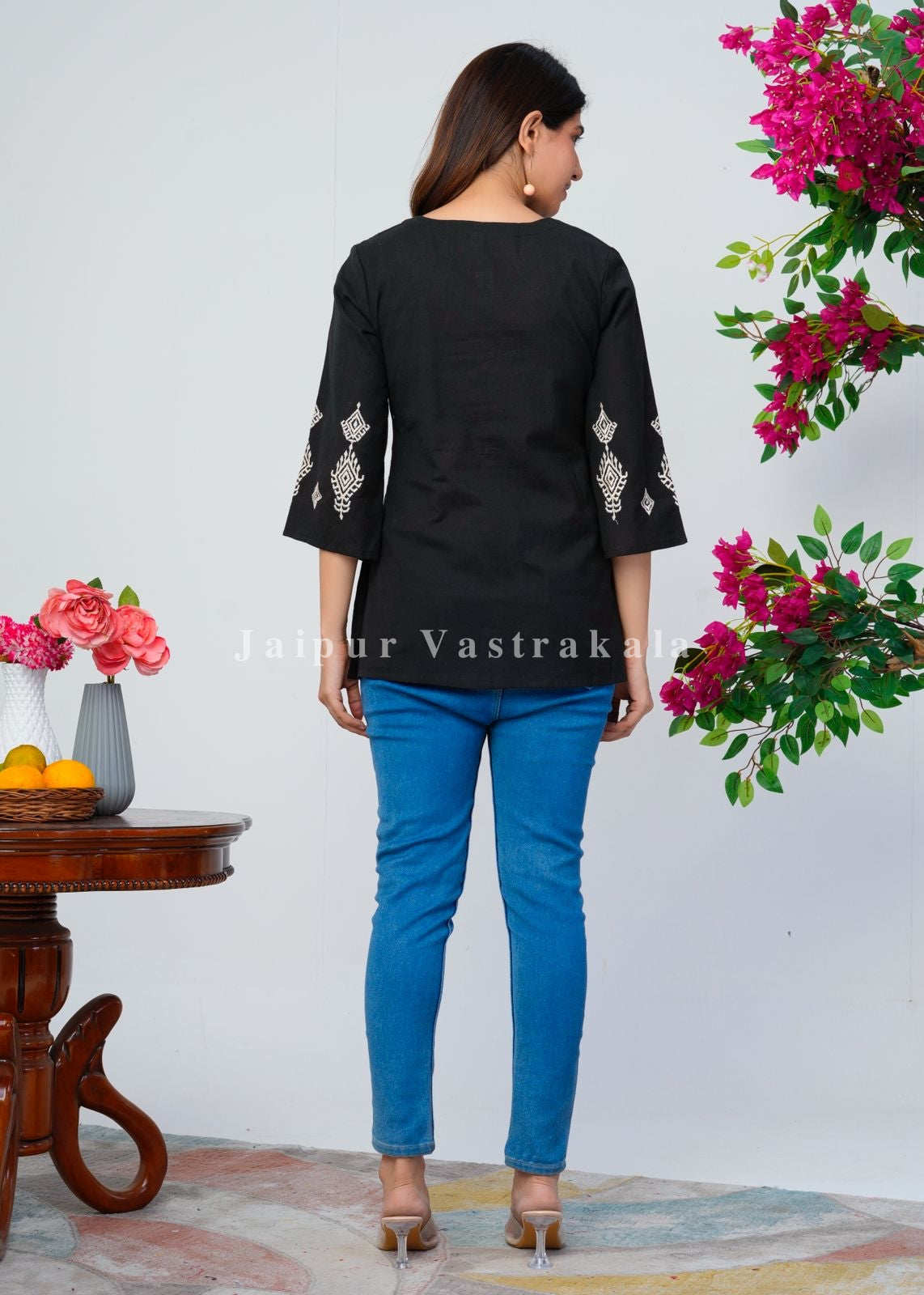 Black Ikkat Embroidery Cotton Linen Top