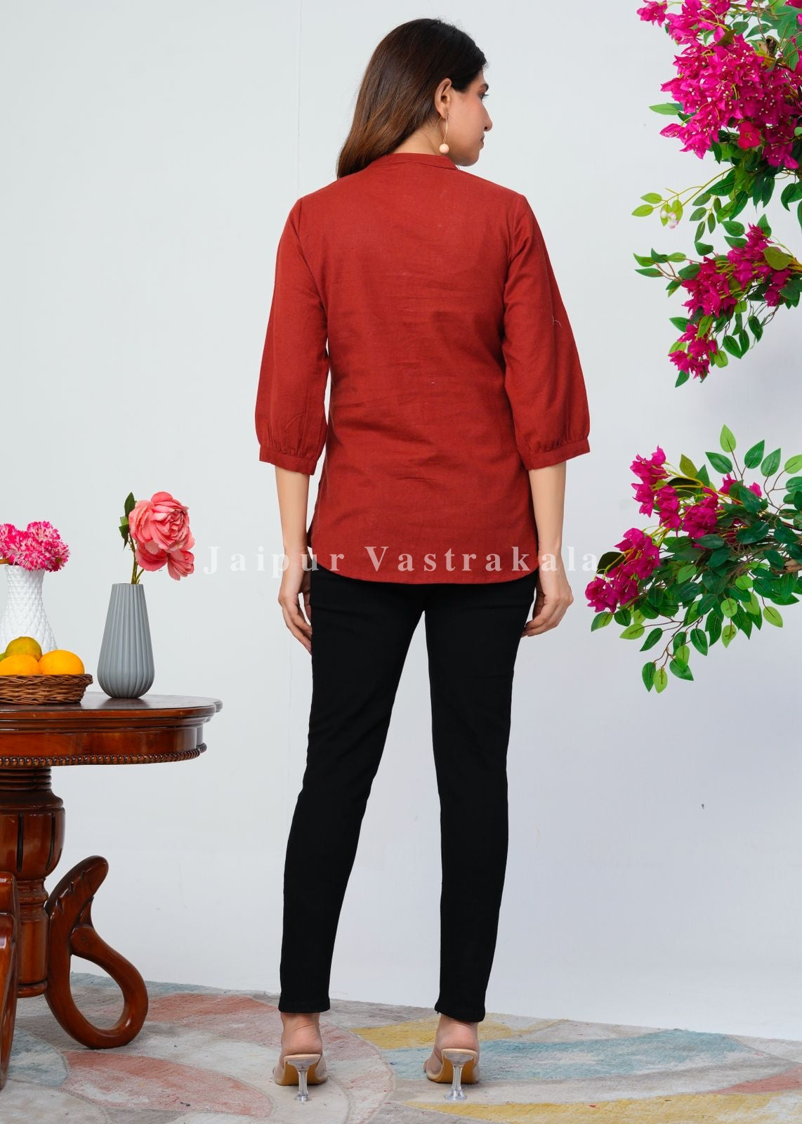 Rust Orange Vines Embroidery Cotton Linen Top