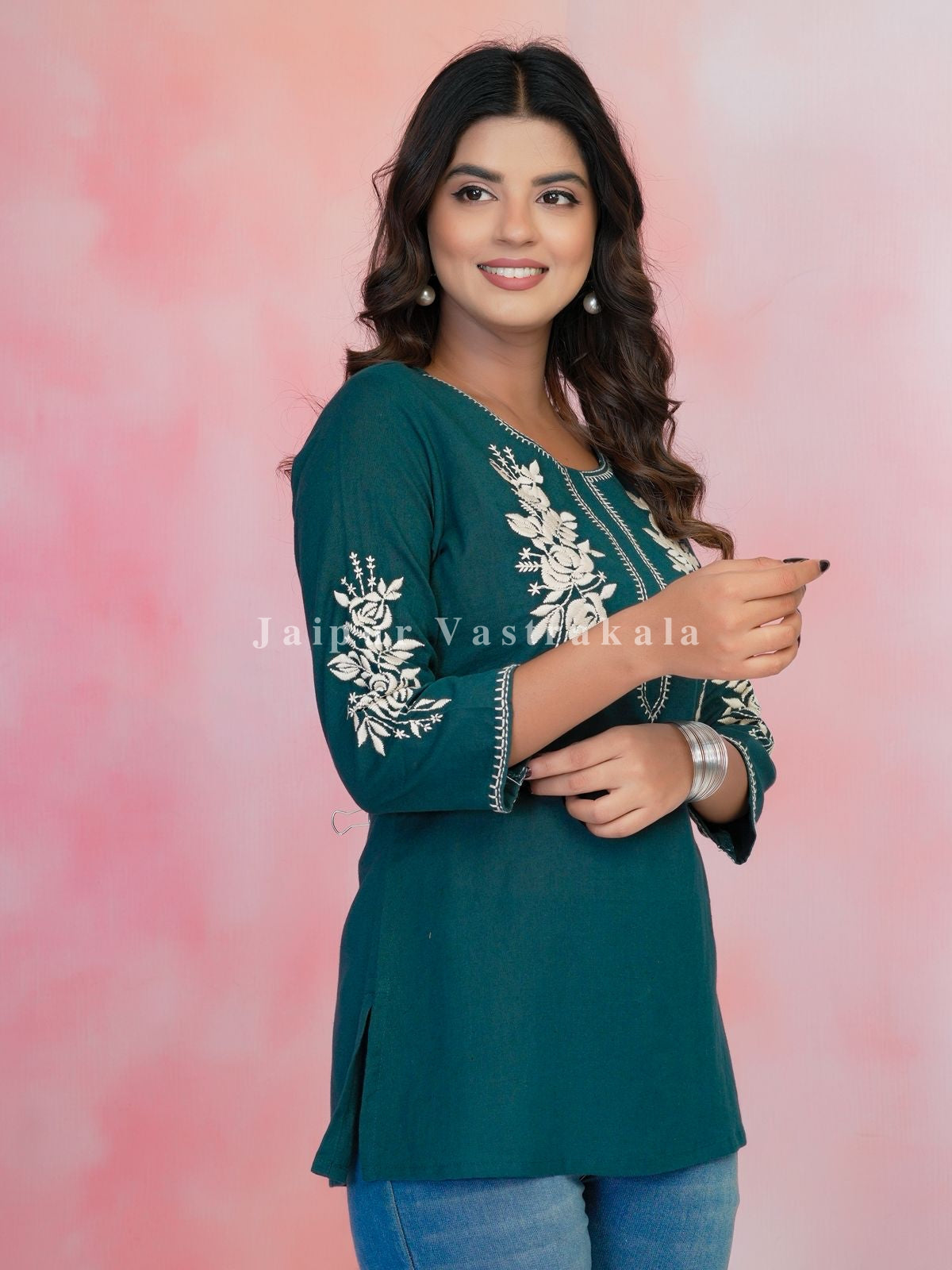 Teal Petal Vein Embroidery Cotton Linen Top