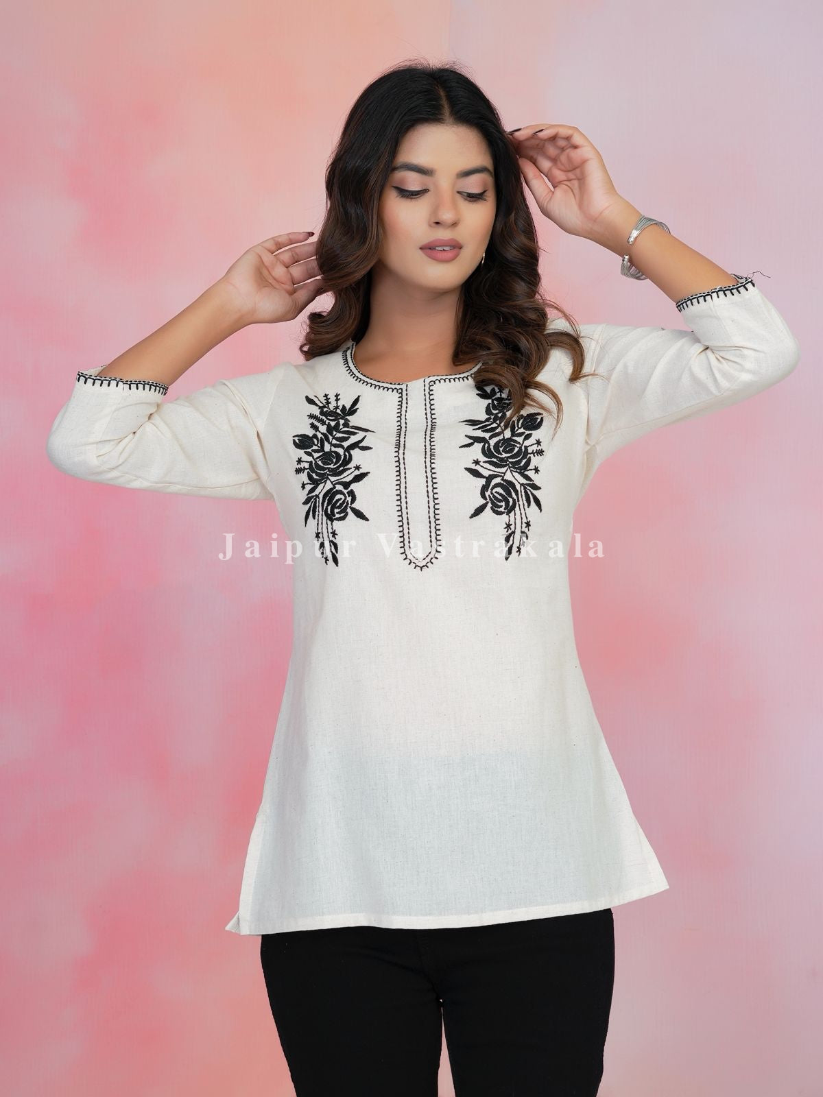 White Petal Vein Embroidery Cotton Linen Top