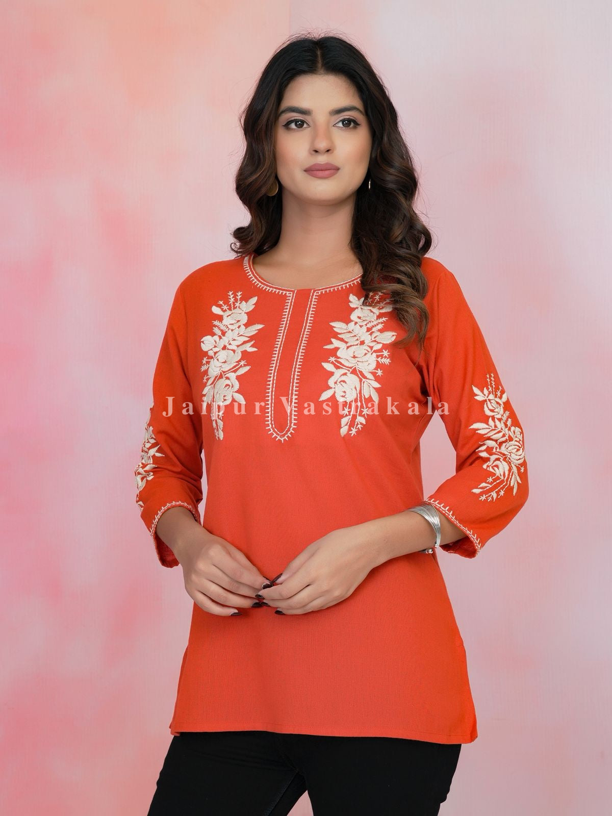 Orange Petal Vein Embroidery Cotton Linen Top