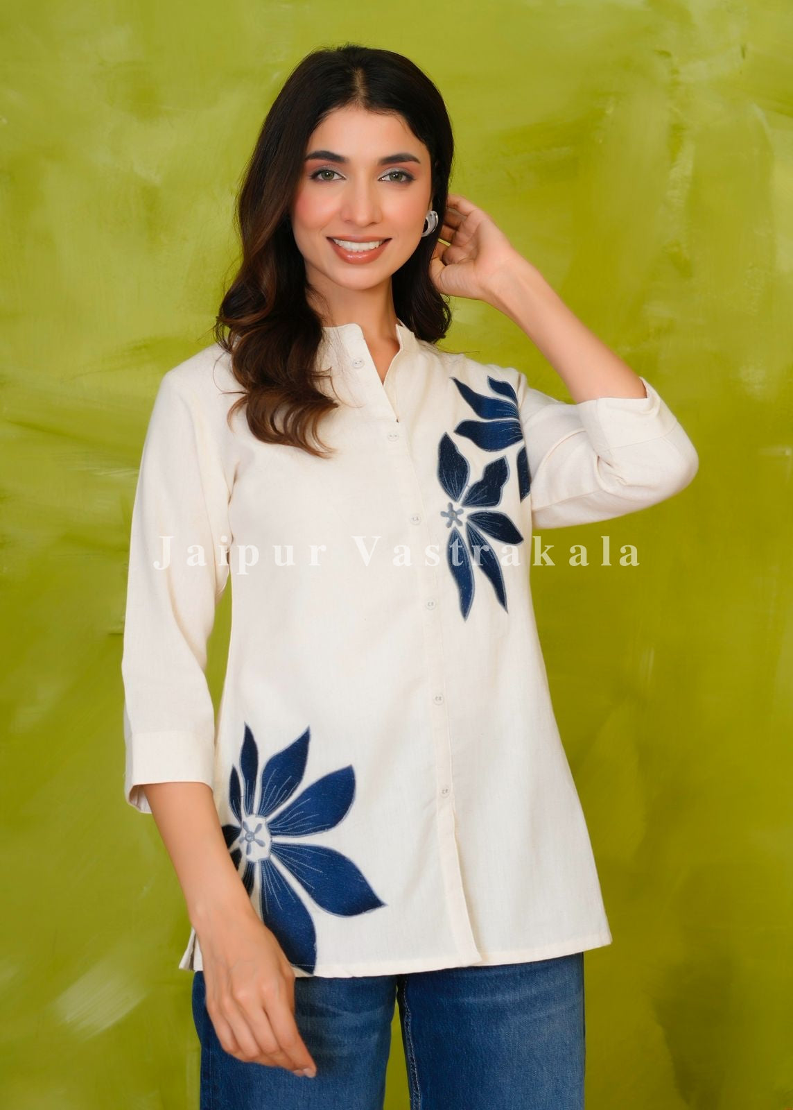 Blue Petals Embroidery Cotton Linen Top