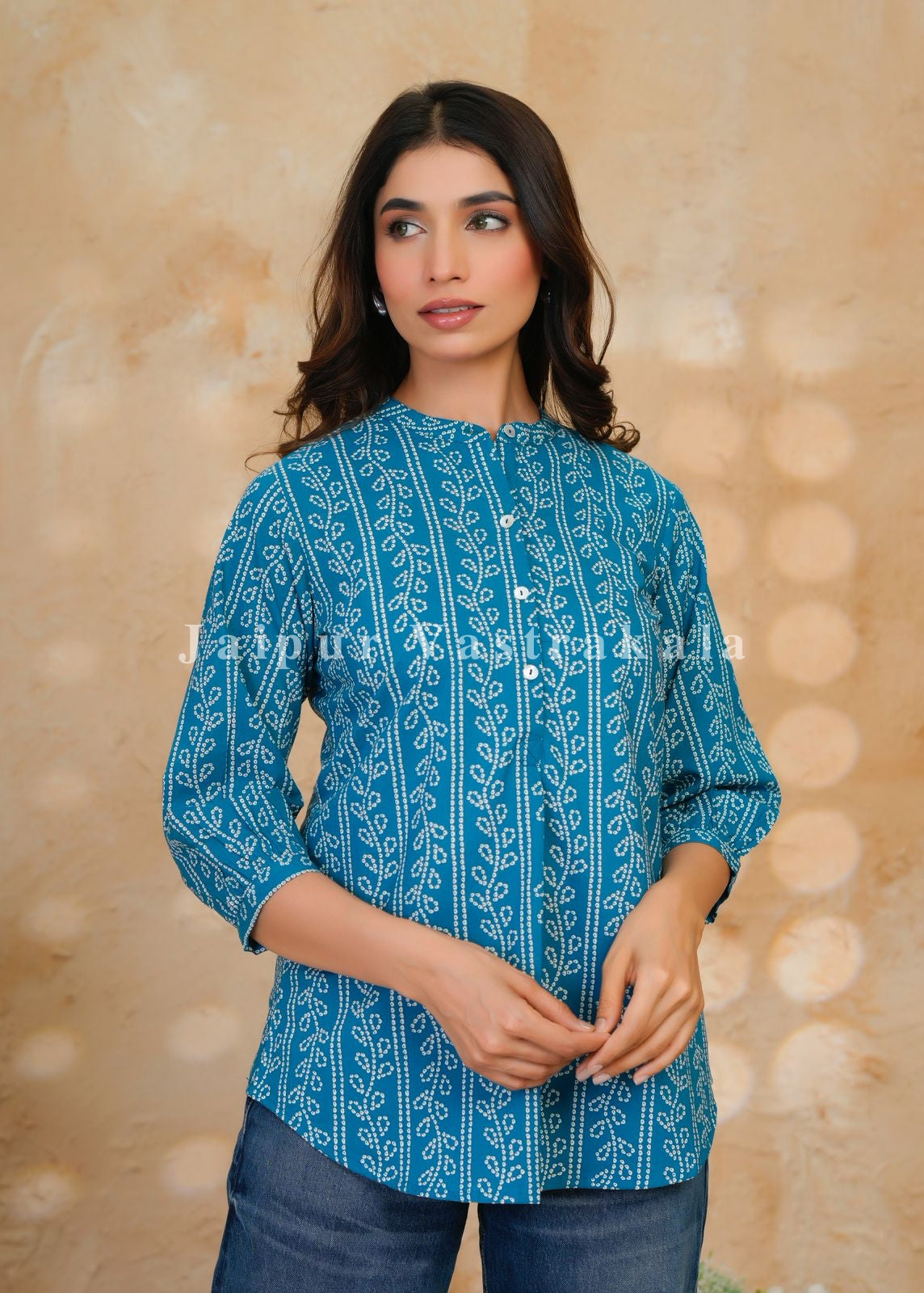 Teal Bandhej Veins Cotton Top