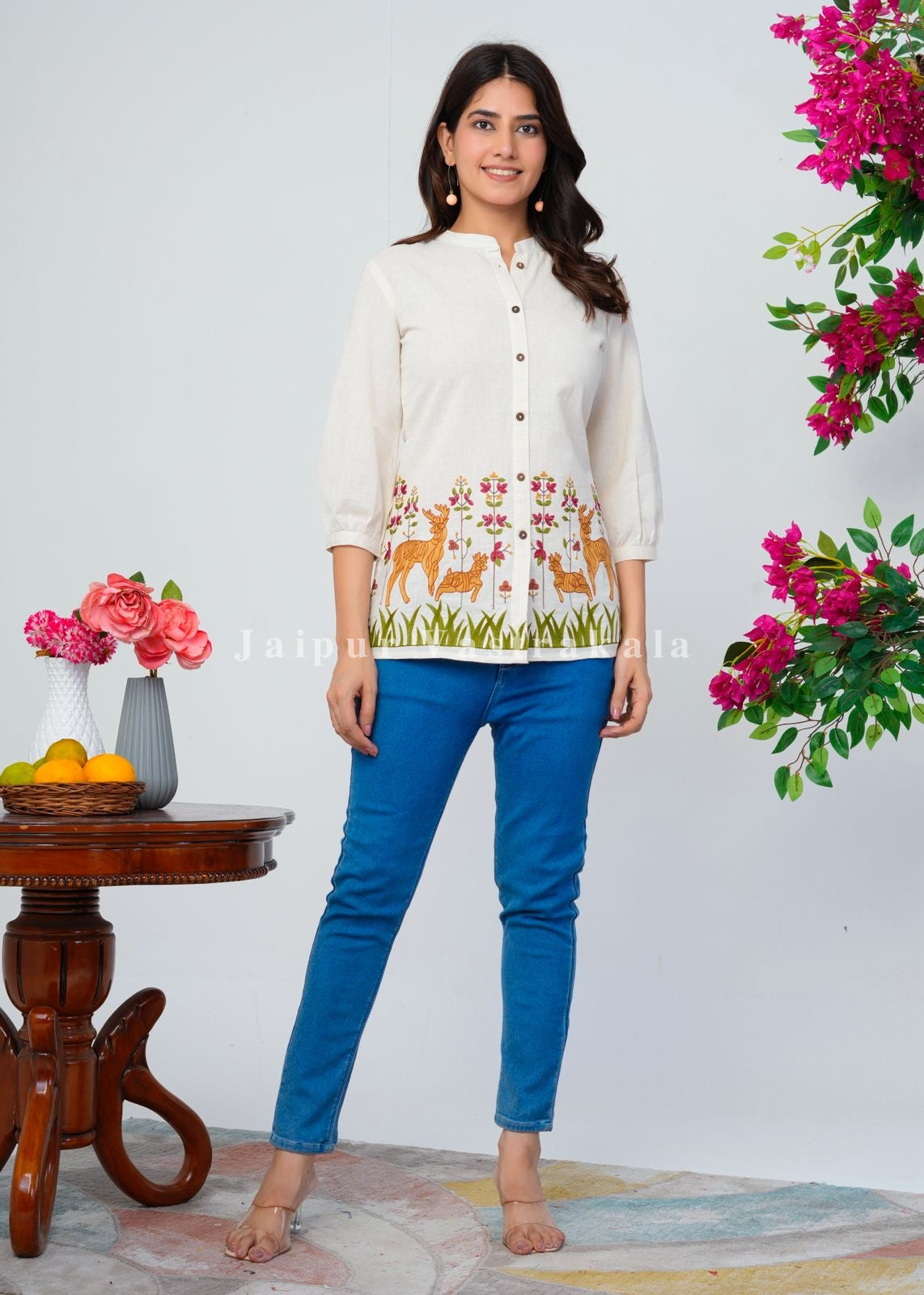 White Deer Park Embroidery Cotton Linen Top