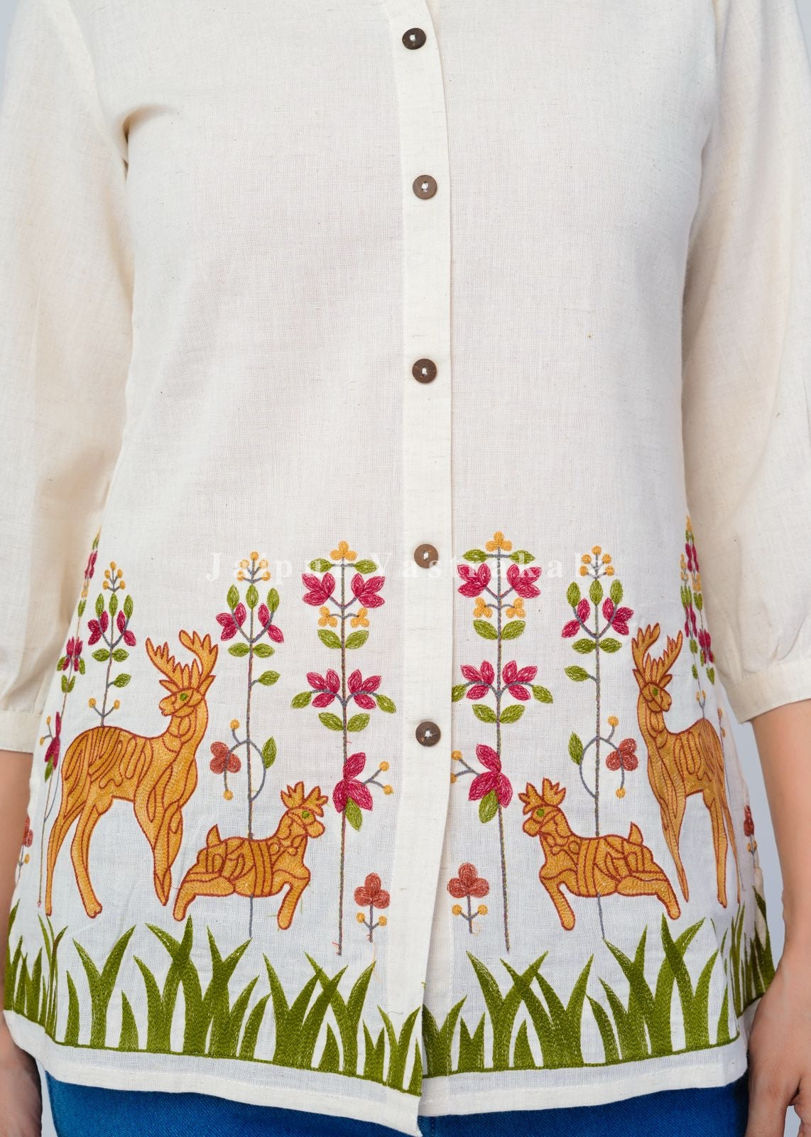 White Deer Park Embroidery Cotton Linen Top