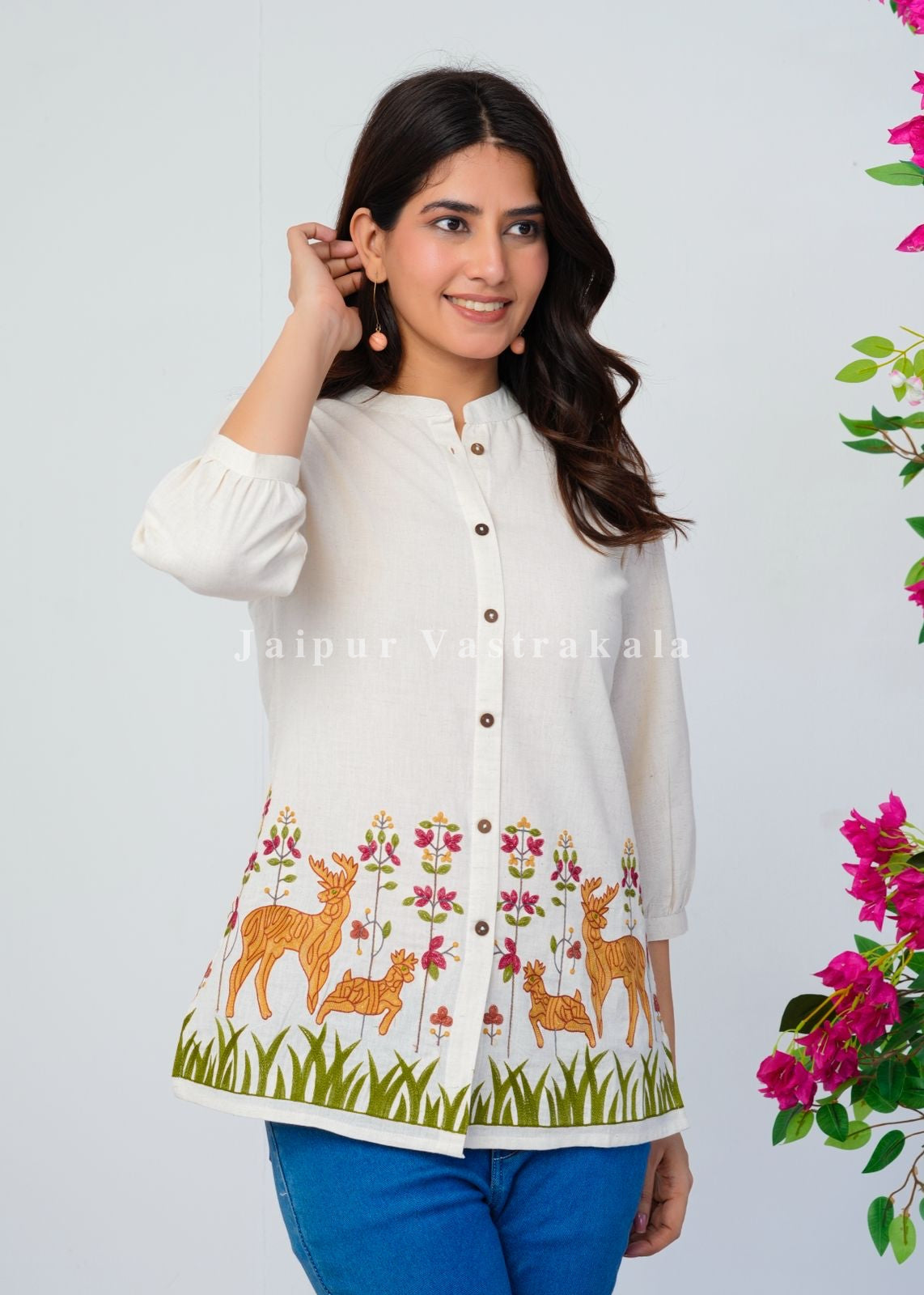 White Deer Park Embroidery Cotton Linen Top