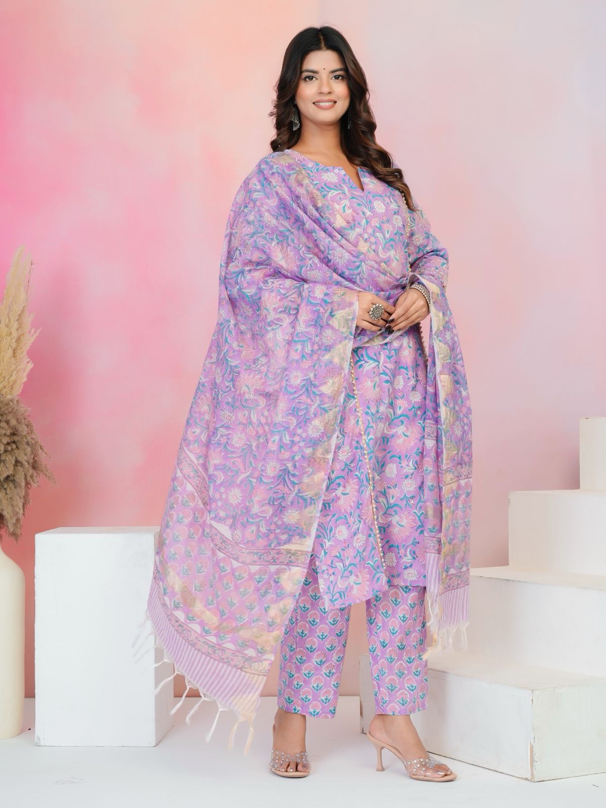 Pastel Purple Moti Mala Kota Dupatta Suit