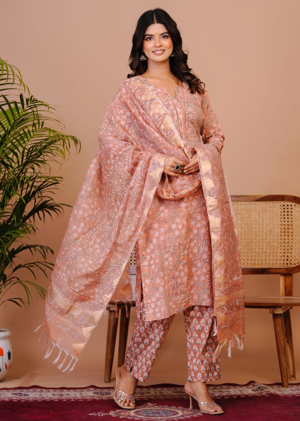 Peach Brown Pakistani Lace Kota Dupatta Suit