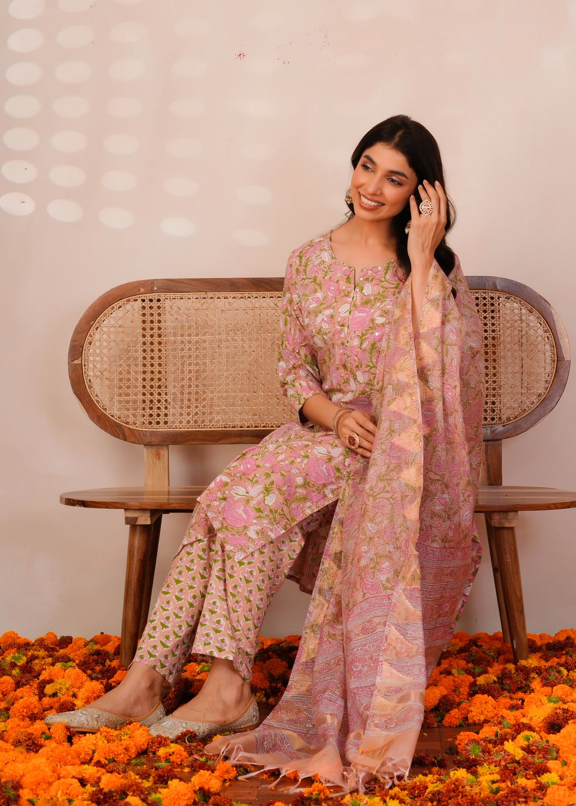Peach Pastel Blossoms Kota Dupatta Suit