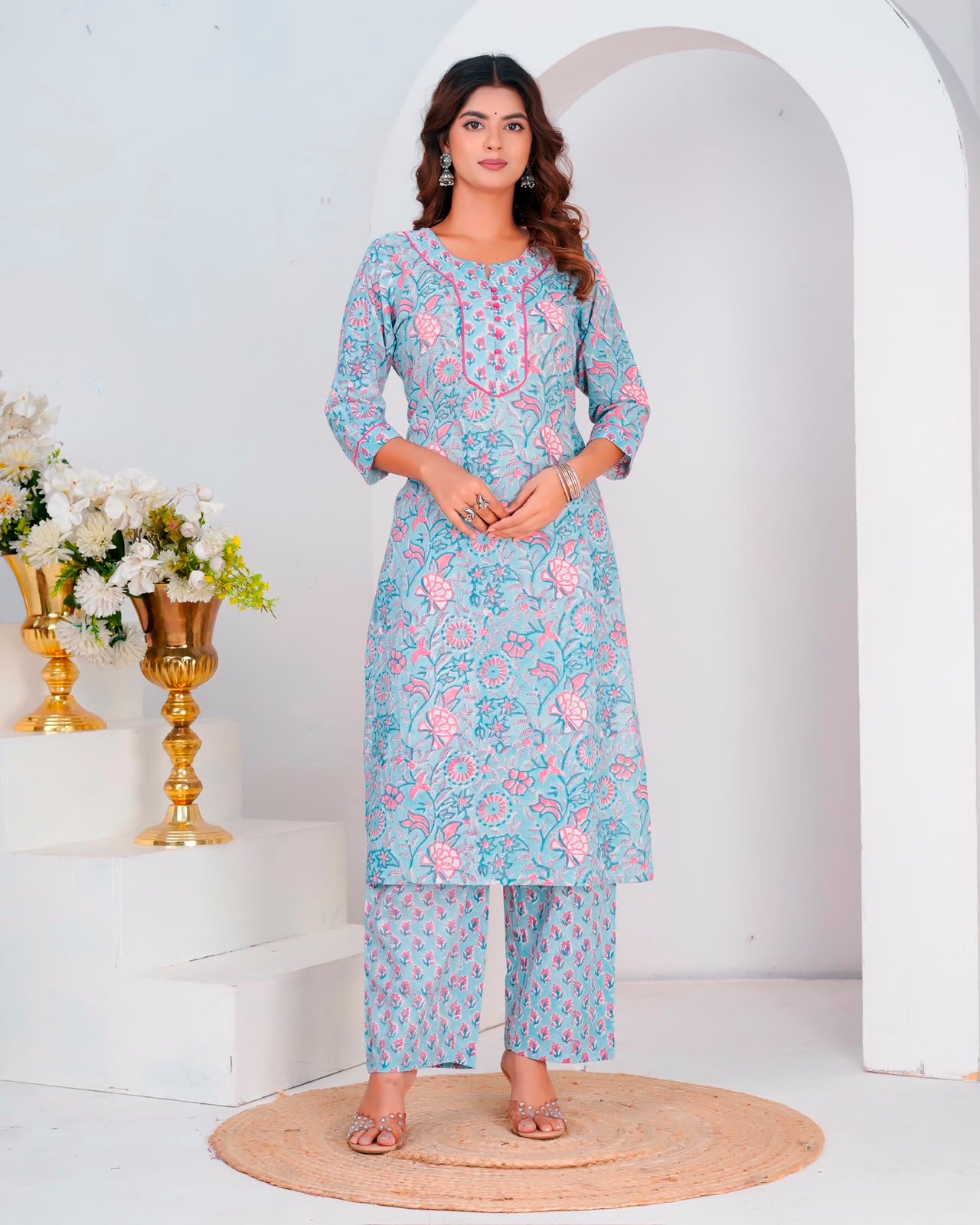 Blue Blush Petals Kota Dupatta Suit