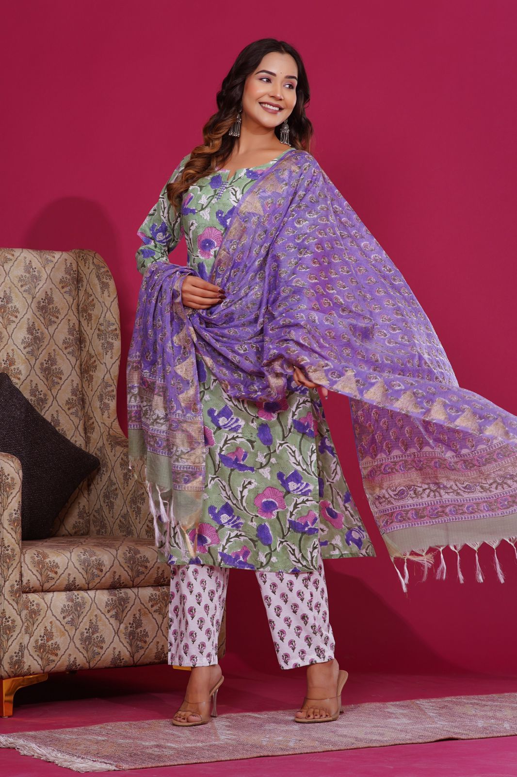 hand block printed kurta set with dupatta
