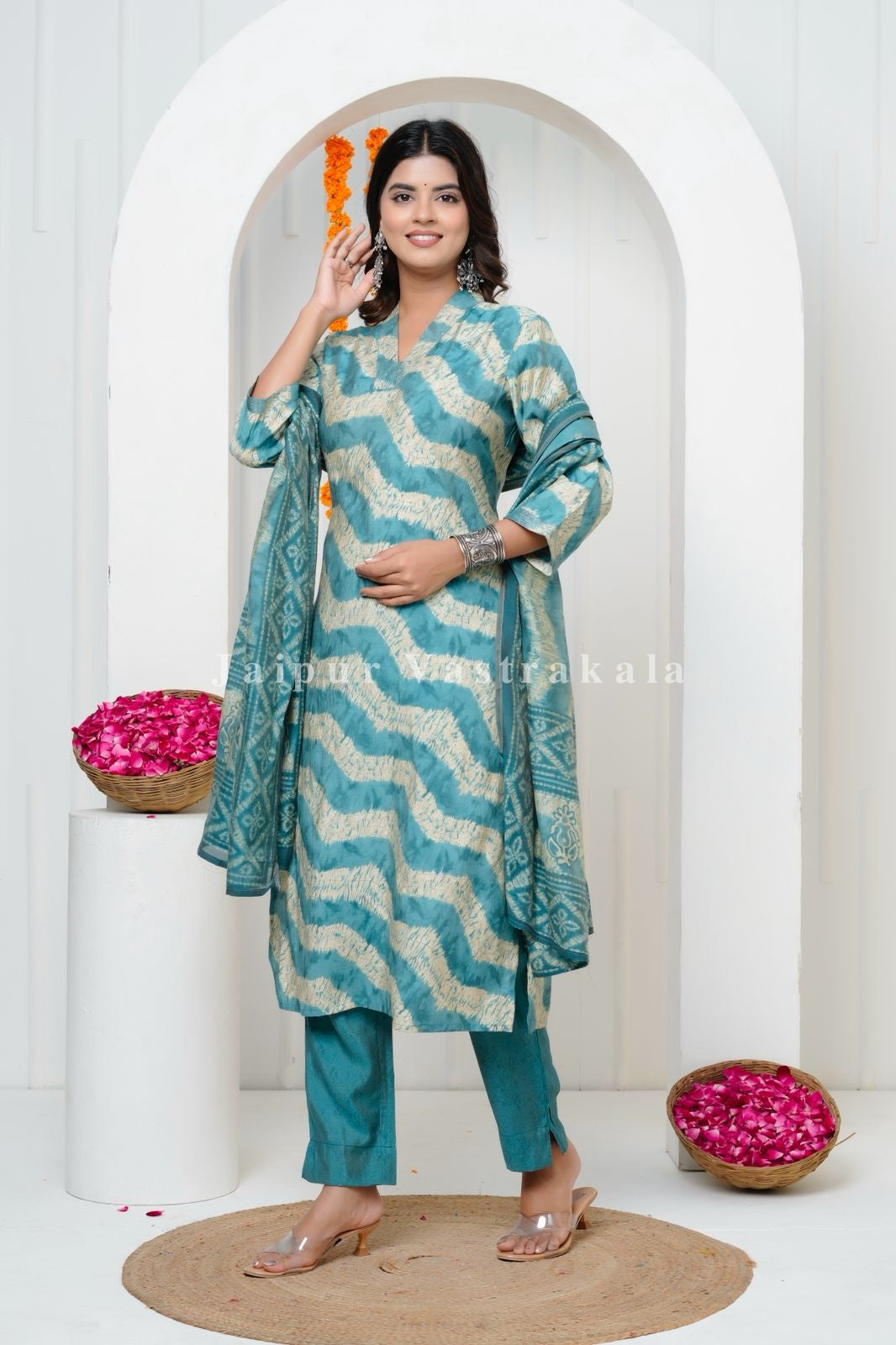 Ocean Mirage Muslin Silk Suit