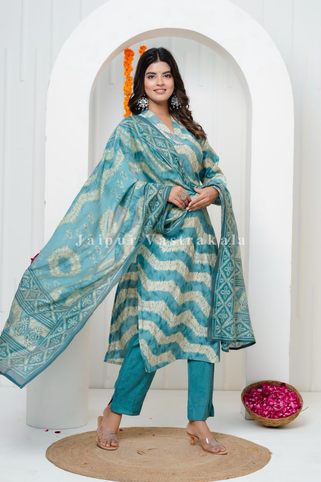 Ocean Mirage Muslin Silk Suit