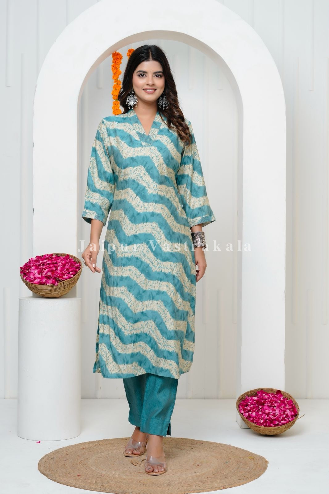 Ocean Mirage Muslin Silk Suit