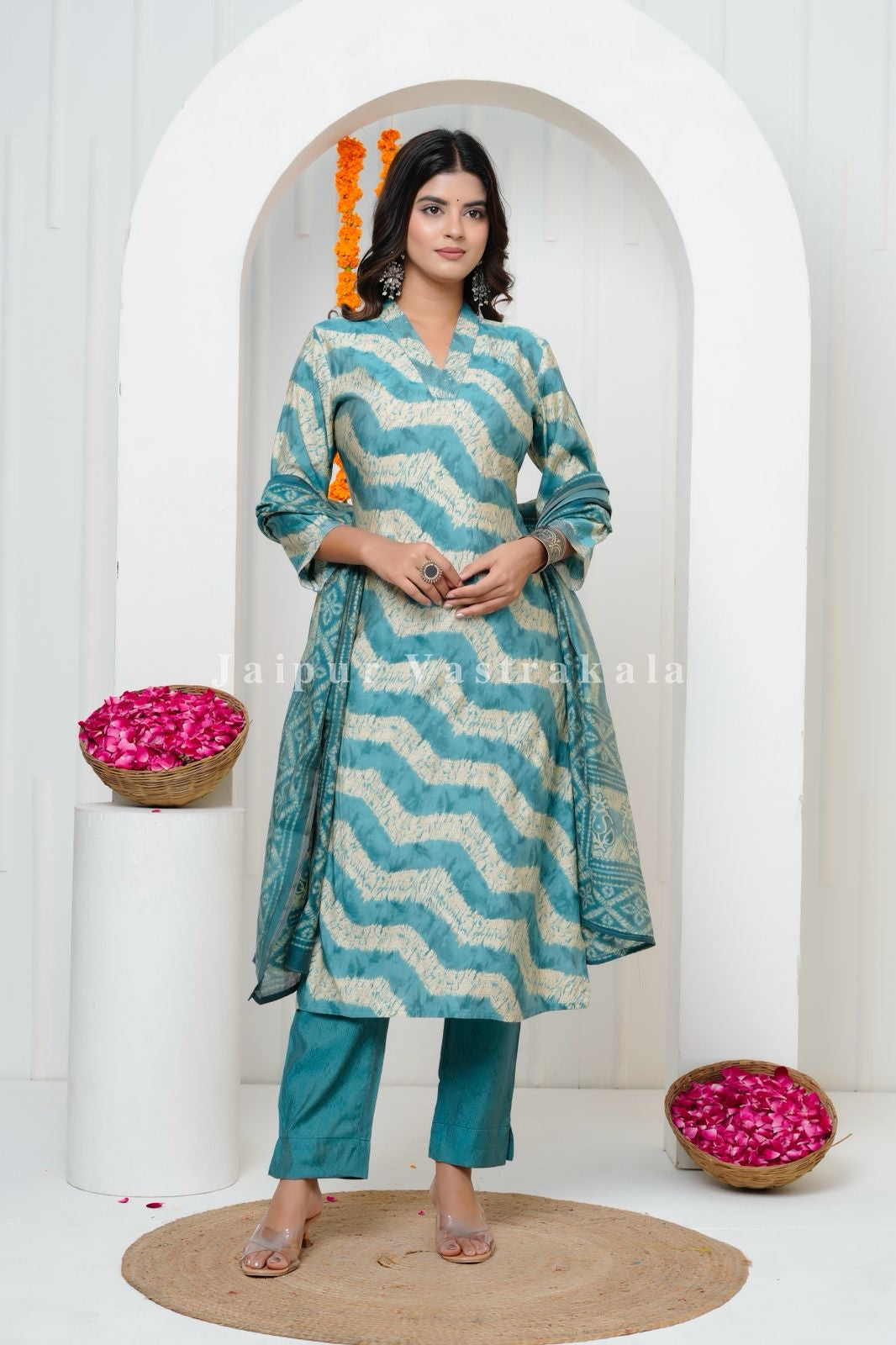 Ocean Mirage Muslin Silk Suit