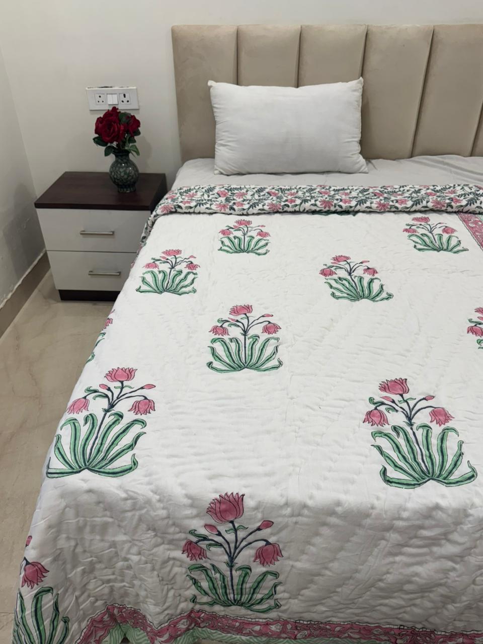 Soft Pink Boota Reversible Single Bed Quilt