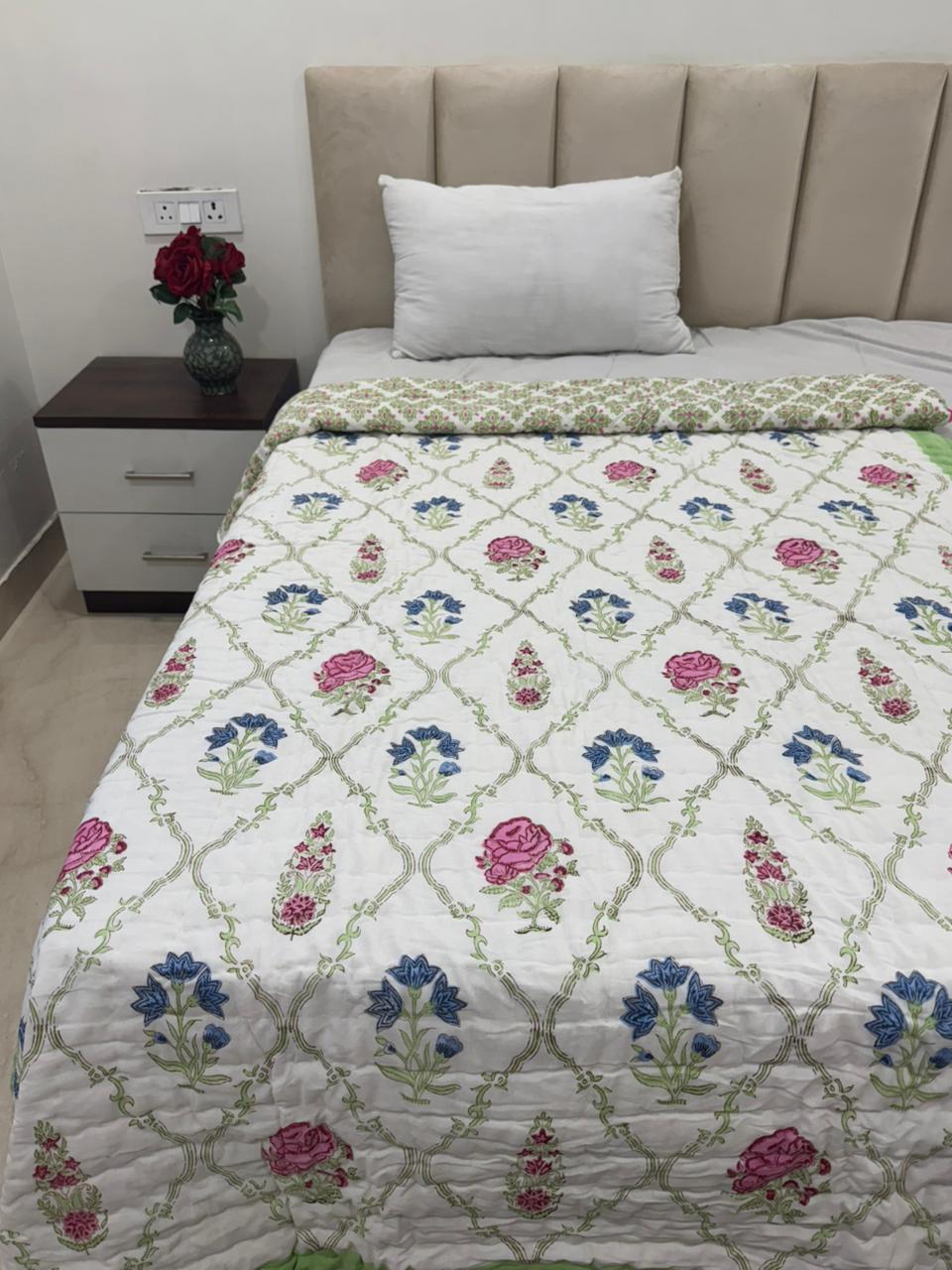 Pink Blue Maze Reversible Single Bed Quilt