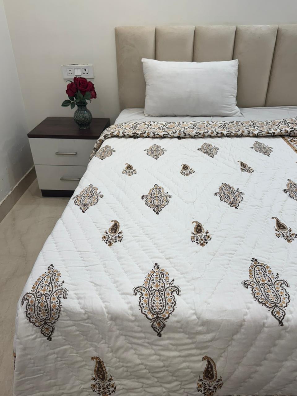 Mughal Mustard Brown Reversible Single Bed Quilt