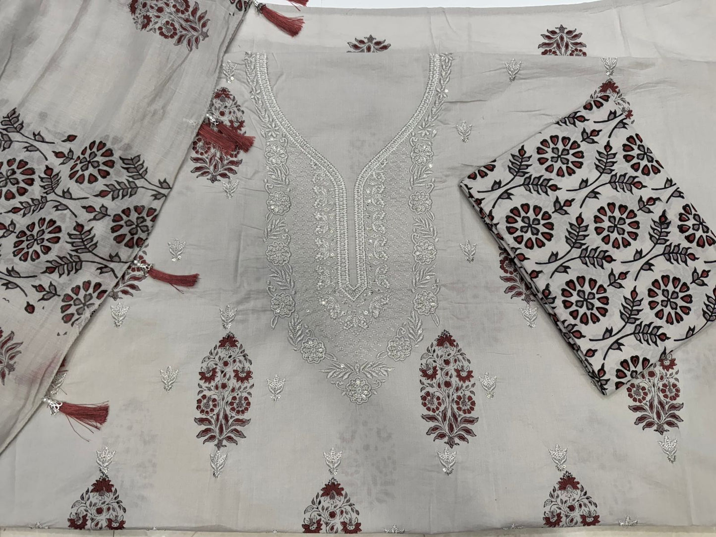 Cotton Self Embroidery Suit with Cotton Dupatta